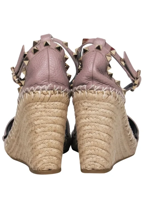 Valentino - Nude Calfskin Leather Espadrille Rock-Stud Wedges w/ Ankle Strap Sz 7