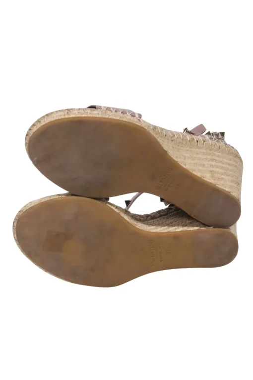 Valentino - Nude Calfskin Leather Espadrille Rock-Stud Wedges w/ Ankle Strap Sz 7