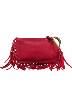 Valentino - Red Textured Leather Fringed Zippered Clutch w/ Beetle Handle