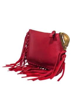Valentino - Red Textured Leather Fringed Zippered Clutch w/ Beetle Handle