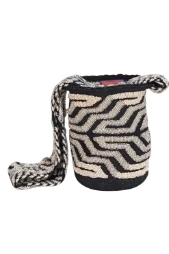 Vemoc - Black & Cream Beaded Woven Cylinder Shoulder Bag