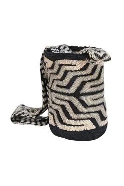 Vemoc - Black & Cream Beaded Woven Cylinder Shoulder Bag