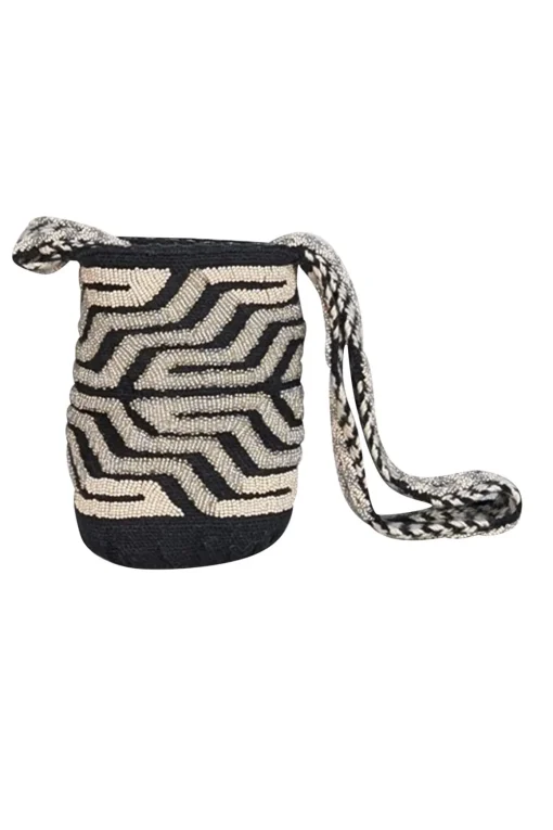 Vemoc - Black & Cream Beaded Woven Cylinder Shoulder Bag
