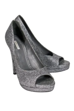 Vera Wang - Gunmetal Glitter Peep-Toe Pumps Sz 7.5
