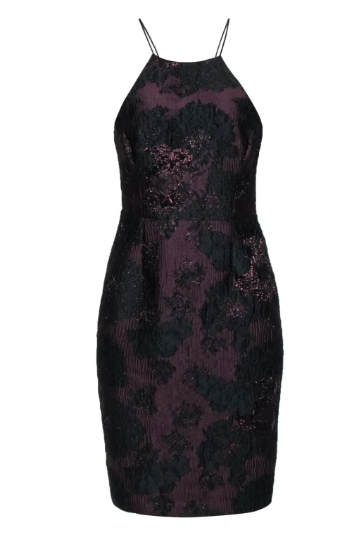 Vera Wang - Plum & Black Metallic Floral Brocade Racer Front Cocktail Dress Sz 4