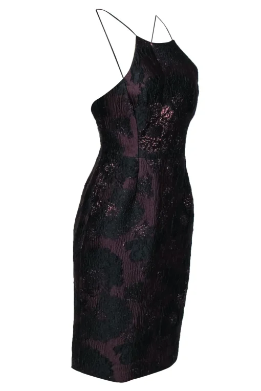Vera Wang - Plum & Black Metallic Floral Brocade Racer Front Cocktail Dress Sz 4