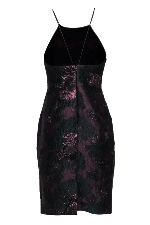 Vera Wang - Plum & Black Metallic Floral Brocade Racer Front Cocktail Dress Sz 4