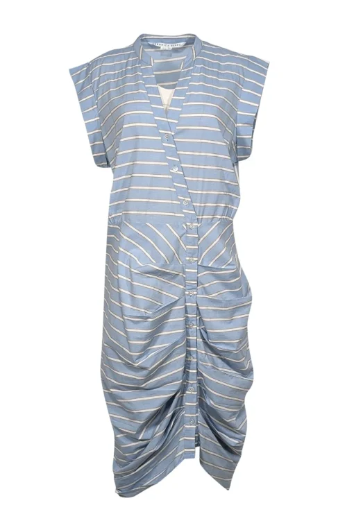 Veronica Beard - Baby Blue Striped Cap Sleeve Ruched Button Front Dress Sz 14