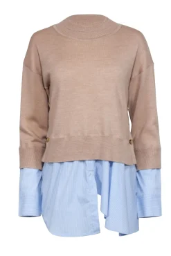 Veronica Beard - Beige Wool Sweater w/ Striped Shirting Sz M