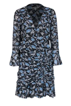 Veronica Beard - Black, Blue & White Floral Print Ruched Silk Dress Sz 8