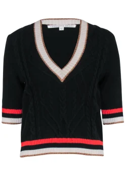 Veronica Beard - Black Knit V-Neck Crop Sleeve Sweater Sz S