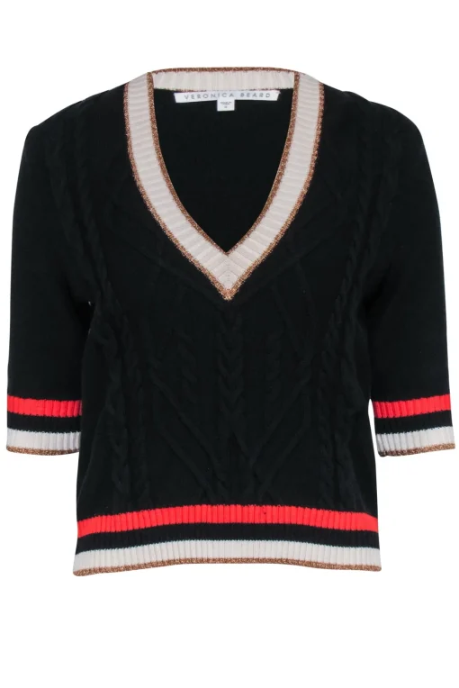 Veronica Beard - Black Knit V-Neck Crop Sleeve Sweater Sz S