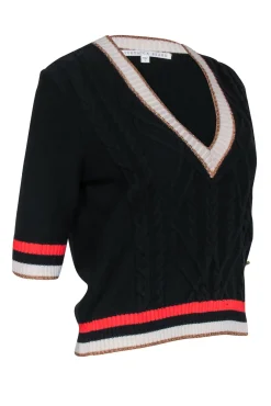 Veronica Beard - Black Knit V-Neck Crop Sleeve Sweater Sz S