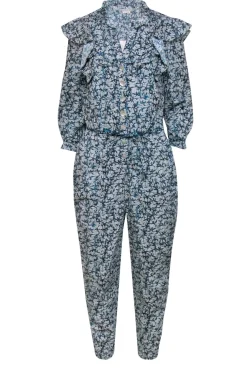 Veronica Beard - Blue & Cream Printed Button-Front Jumpsuit w/ Ruffles Sz 4