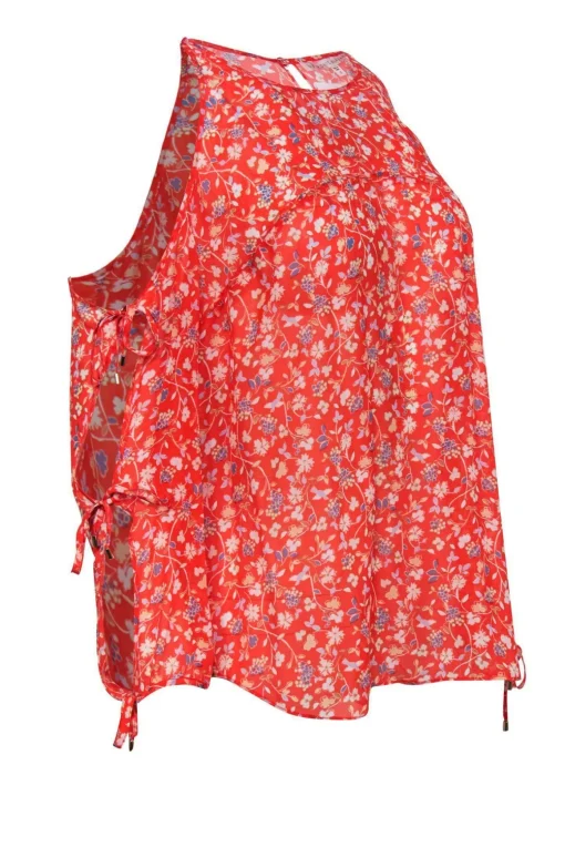 Veronica Beard - Bright Orange Silk Floral Cold Shoulder Top Sz 12