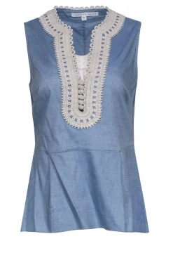 Veronica Beard - Light Blue Sleeveless Peplum Top w/ Cream Embroidery Sz 6