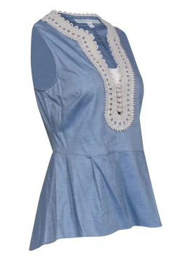 Veronica Beard - Light Blue Sleeveless Peplum Top w/ Cream Embroidery Sz 6