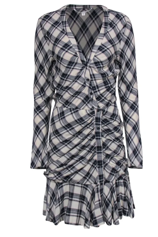 Veronica Beard - Navy & Cream Ruched Button-Up V-Neck Dress Sz 10