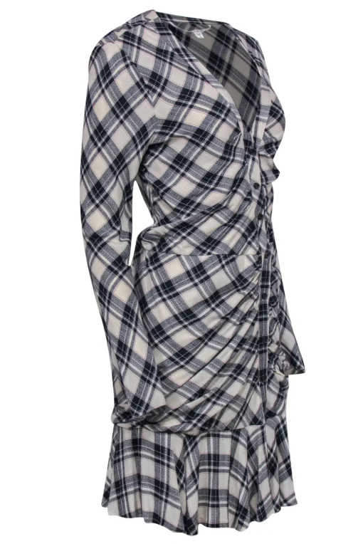 Veronica Beard - Navy & Cream Ruched Button-Up V-Neck Dress Sz 10
