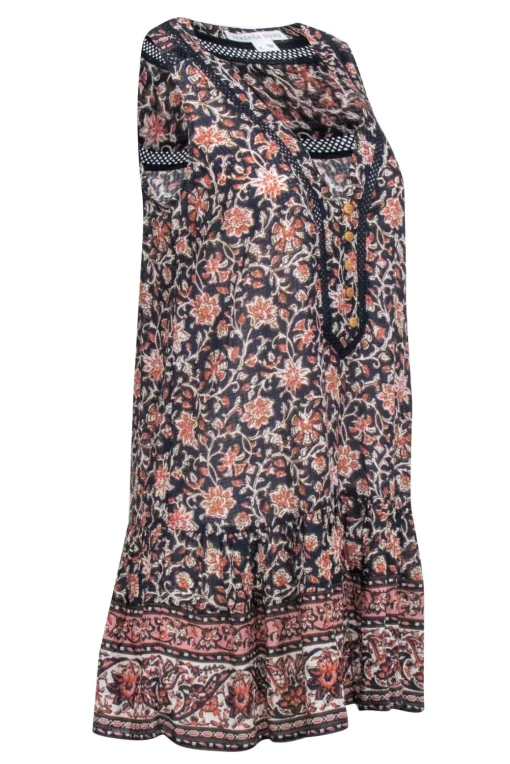 Veronica Beard - Navy & Orange Print Sleeveless V-Neckline Dress Sz XS