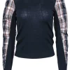 Veronica Beard - Navy Puff Sleeve "Adler Mixed Media" Wool Sweater w/ Plaid Trim Sz XS