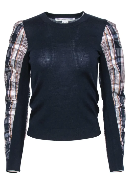 Veronica Beard - Navy Puff Sleeve "Adler Mixed Media" Wool Sweater w/ Plaid Trim Sz XS