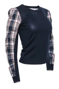 Veronica Beard - Navy Puff Sleeve "Adler Mixed Media" Wool Sweater w/ Plaid Trim Sz XS