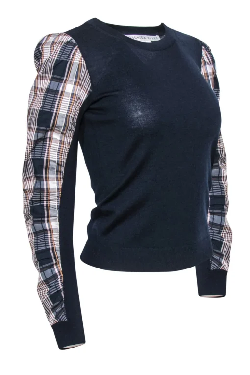 Veronica Beard - Navy Puff Sleeve "Adler Mixed Media" Wool Sweater w/ Plaid Trim Sz XS