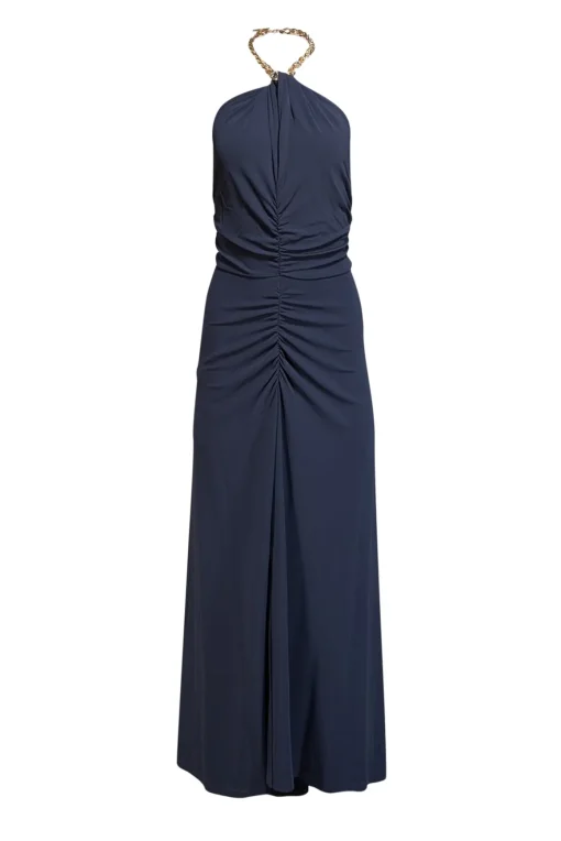Veronica Beard - Navy Ruched Dress w/ Chain Link Halter Strap Sz S