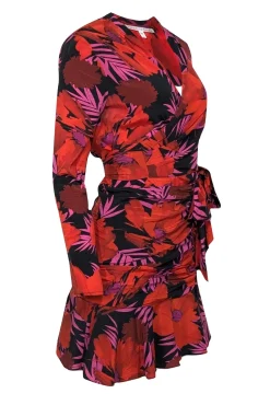 Veronica Beard - Red, Pink & Black Tropical Pattern Long Sleeve Mini Dress Sz 2