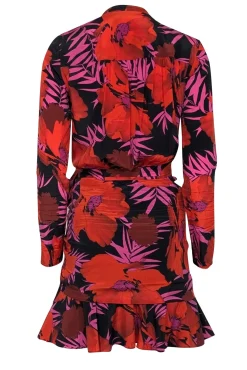 Veronica Beard - Red, Pink & Black Tropical Pattern Long Sleeve Mini Dress Sz 2