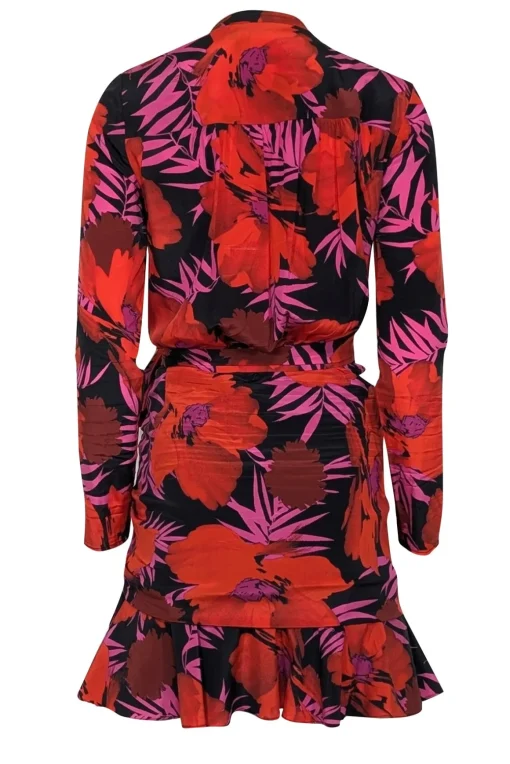 Veronica Beard - Red, Pink & Black Tropical Pattern Long Sleeve Mini Dress Sz 2