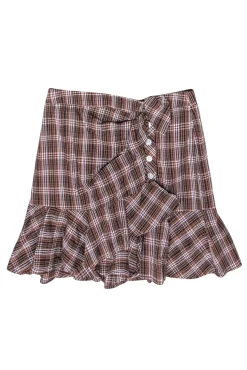 Veronica Beard - Tan, Maroon, & Navy Plaid Ruffled Mini Skirt Sz 4