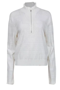 Veronica Beard - White Pointelle Ruffled Quarter Zip Sweater Sz XL
