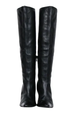 Versace – Black Leather Boots w/ Gold Stiletto Heel Sz 8