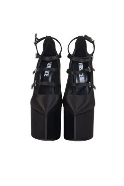 Versace - Black Satin Chunky Platform Multi Buckle Strap Heels Sz 6.5