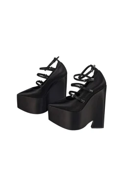 Versace - Black Satin Chunky Platform Multi Buckle Strap Heels Sz 6.5