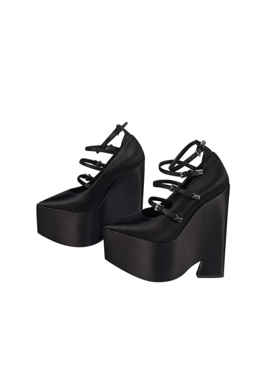 Versace - Black Satin Chunky Platform Multi Buckle Strap Heels Sz 6.5