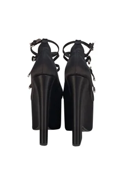 Versace - Black Satin Chunky Platform Multi Buckle Strap Heels Sz 6.5
