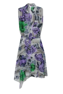 Versace Collection - Taupe w/ Purple Abstract Floral Print Pleated Dress Sz 8