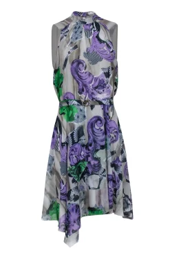 Versace Collection - Taupe w/ Purple Abstract Floral Print Pleated Dress Sz 8
