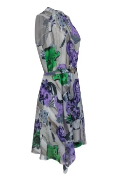 Versace Collection - Taupe w/ Purple Abstract Floral Print Pleated Dress Sz 8