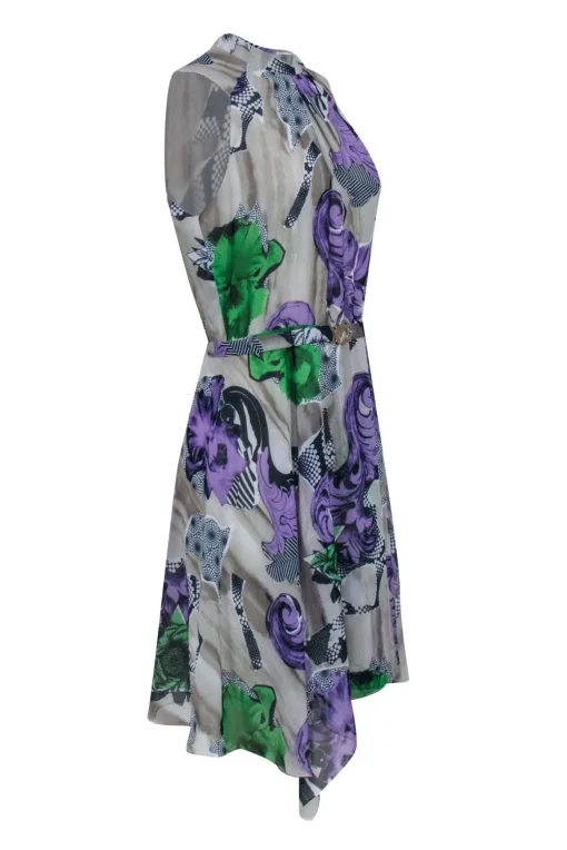 Versace Collection - Taupe w/ Purple Abstract Floral Print Pleated Dress Sz 8