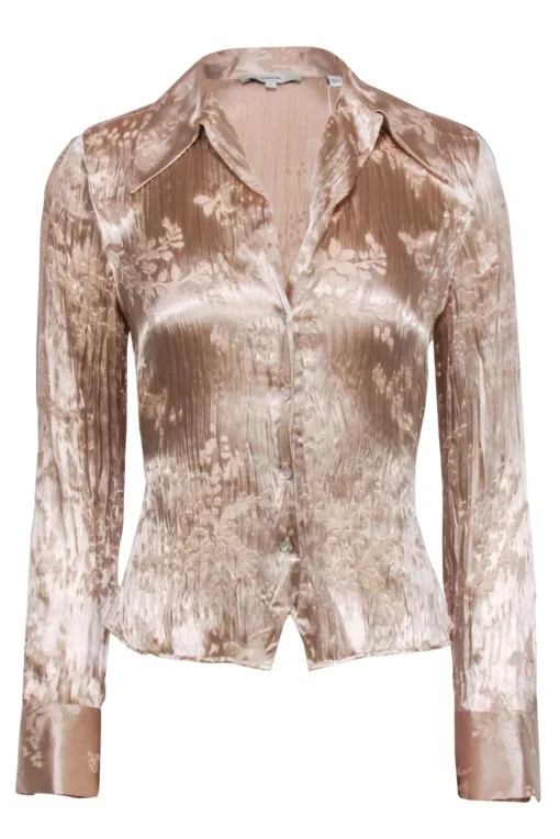 Vince - Beige Burnout Pleated Long Sleeve Button Down Sz 4