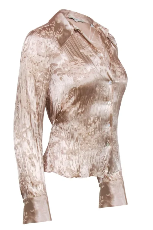Vince - Beige Burnout Pleated Long Sleeve Button Down Sz 4