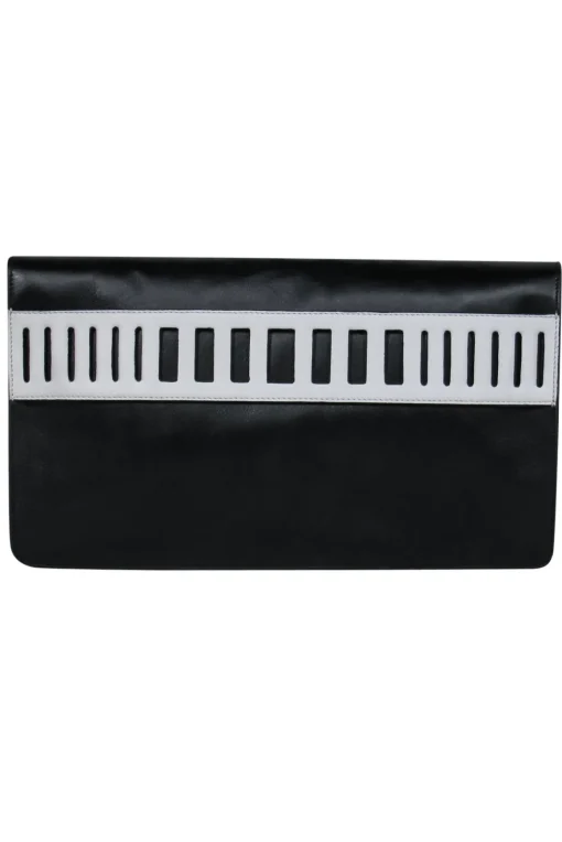 Vince - Black Leather Snap Clutch w/ White Handle