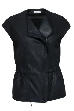 Vince - Black Perforated Leather Moto Vest w/ Drawstring Waist Sz XXS