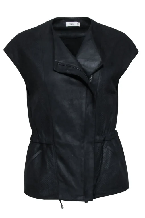 Vince - Black Perforated Leather Moto Vest w/ Drawstring Waist Sz XXS