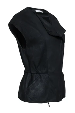 Vince - Black Perforated Leather Moto Vest w/ Drawstring Waist Sz XXS