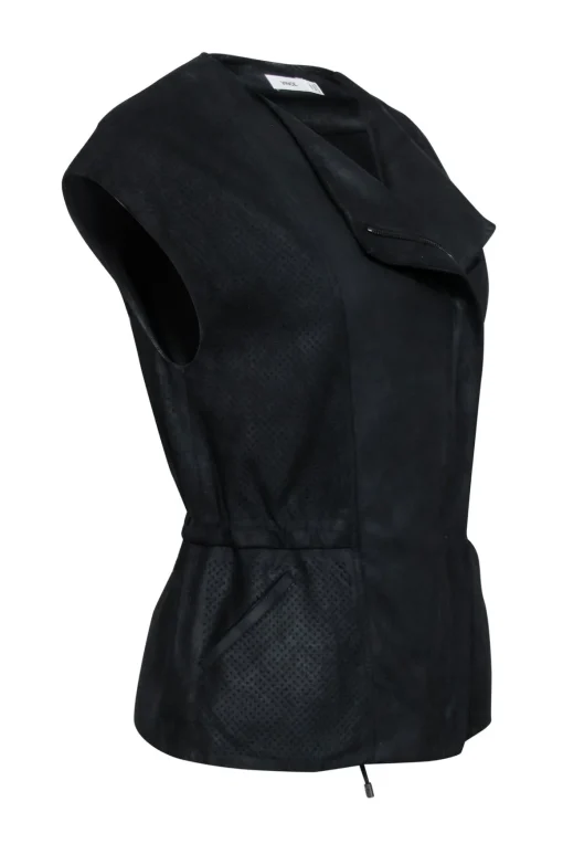 Vince - Black Perforated Leather Moto Vest w/ Drawstring Waist Sz XXS